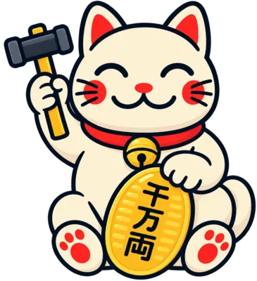 A maneki-neko waving a lucky mallet and holding a gold coin